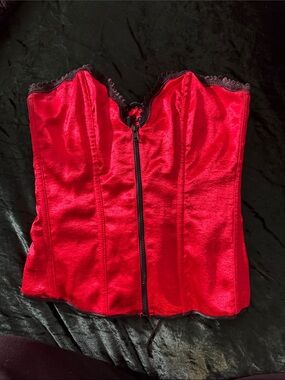 Frederick's of Hollywood Red Satin Corset Top with Black Trim